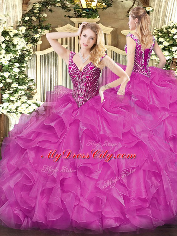 Long Sleeves Organza Floor Length Lace Up Quince Ball Gowns in Fuchsia with Beading and Ruffles