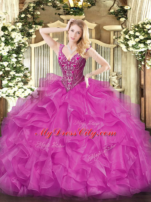 Long Sleeves Organza Floor Length Lace Up Quince Ball Gowns in Fuchsia with Beading and Ruffles