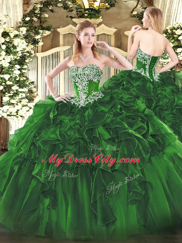 Dark Green Sleeveless Floor Length Beading and Ruffles Lace Up Vestidos de Quinceanera