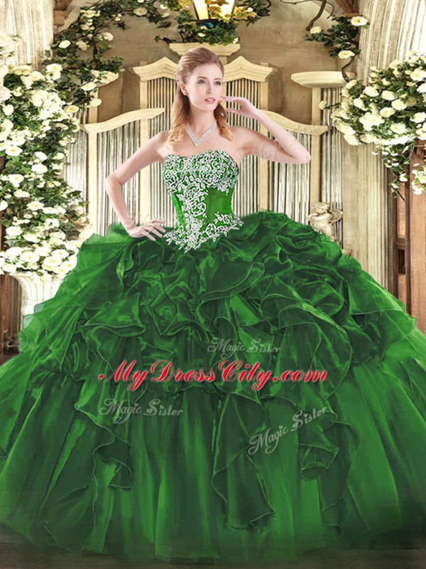 Dark Green Sleeveless Floor Length Beading and Ruffles Lace Up Vestidos de Quinceanera