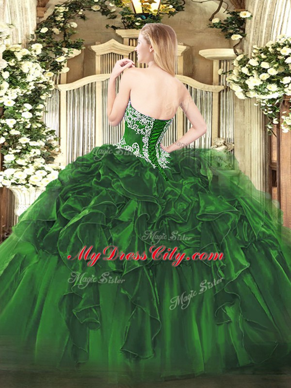 Dark Green Sleeveless Floor Length Beading and Ruffles Lace Up Vestidos de Quinceanera