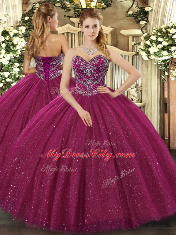 Fuchsia Sleeveless Beading Floor Length Quinceanera Dress