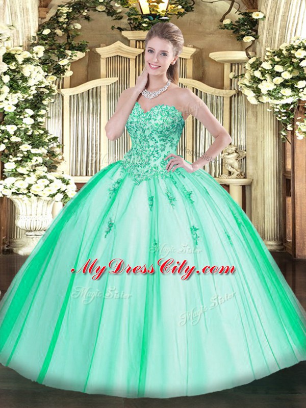 High Quality Turquoise Sleeveless Floor Length Appliques Lace Up Vestidos de Quinceanera