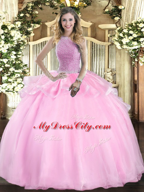 Deluxe Beading 15 Quinceanera Dress Pink Lace Up Sleeveless Floor Length