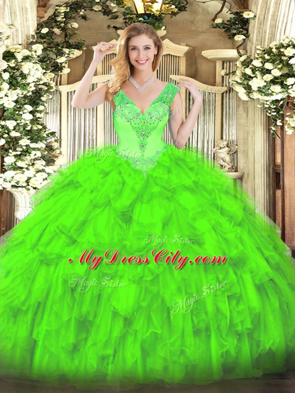 Charming Organza Lace Up Ball Gown Prom Dress Sleeveless Floor Length Beading and Ruffles