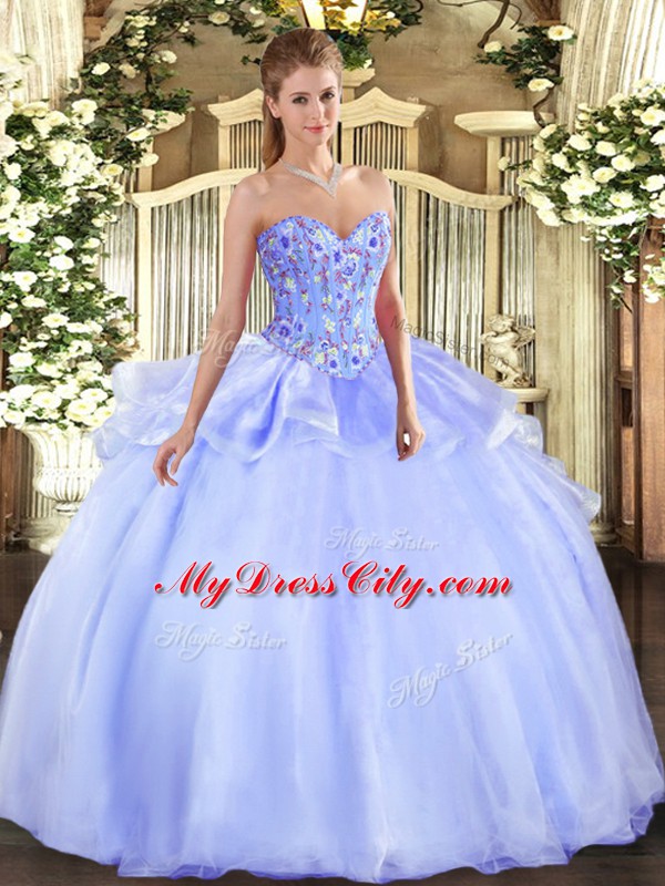 Cheap Lavender Ball Gowns Embroidery Quinceanera Gown Lace Up Organza Sleeveless Floor Length