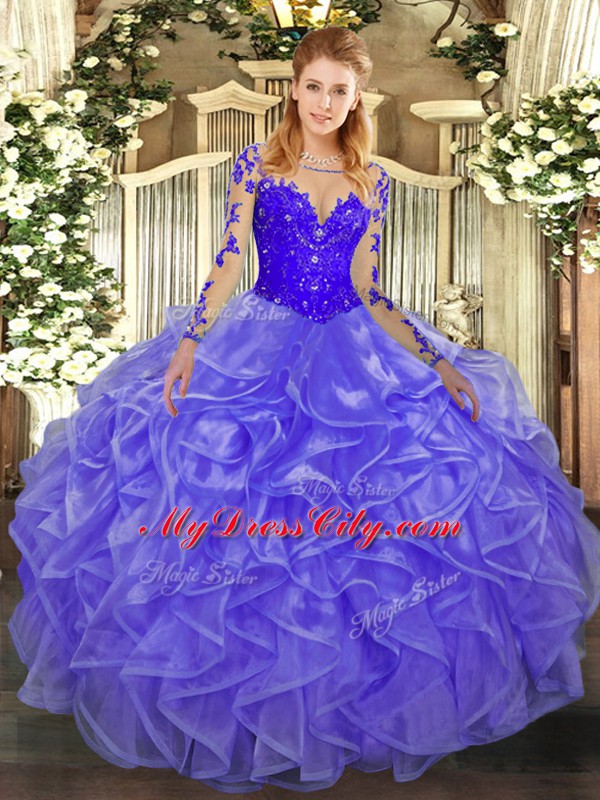 Long Sleeves Lace Up Floor Length Lace and Ruffles Sweet 16 Dresses