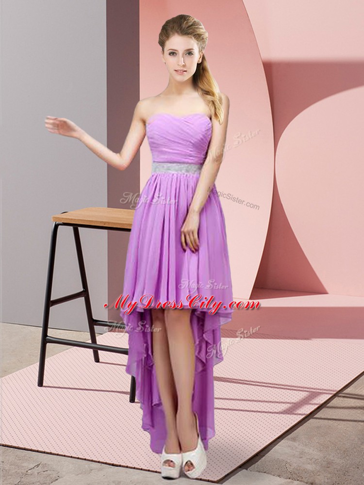 Modest A-line Prom Dresses Lavender Sweetheart Chiffon Sleeveless High Low Lace Up