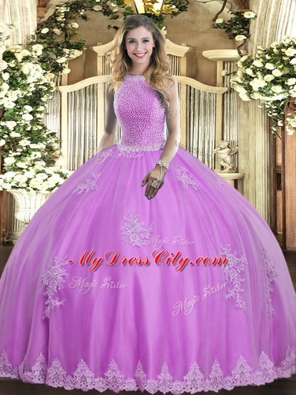 Elegant Tulle Sleeveless Floor Length Sweet 16 Dress and Beading and Appliques