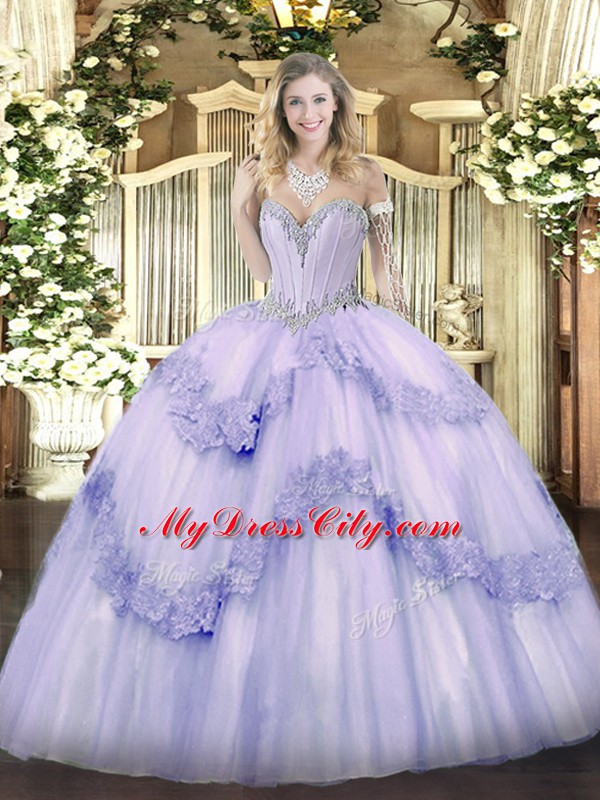 Top Selling Sweetheart Sleeveless Quince Ball Gowns Floor Length Beading and Appliques Lavender Tulle