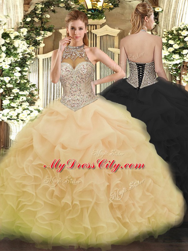 Dazzling Champagne Halter Top Neckline Beading and Ruffles and Pick Ups Sweet 16 Dress Sleeveless Lace Up