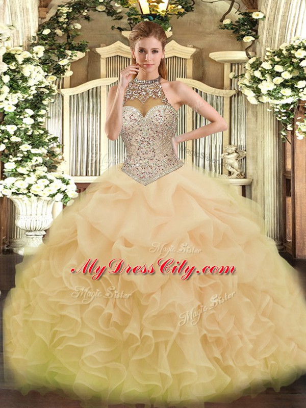 Dazzling Champagne Halter Top Neckline Beading and Ruffles and Pick Ups Sweet 16 Dress Sleeveless Lace Up