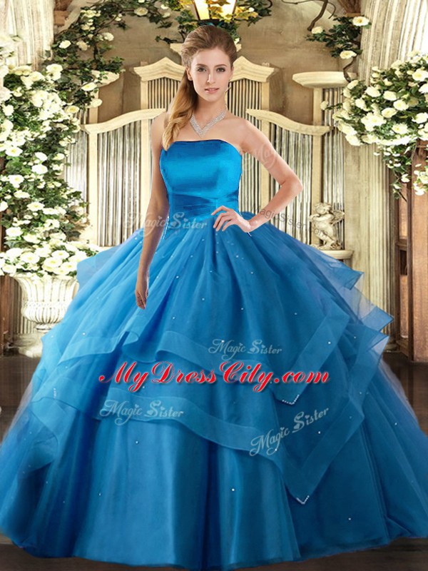 Most Popular Baby Blue Sleeveless Tulle Lace Up Ball Gown Prom Dress for Military Ball and Sweet 16 and Quinceanera