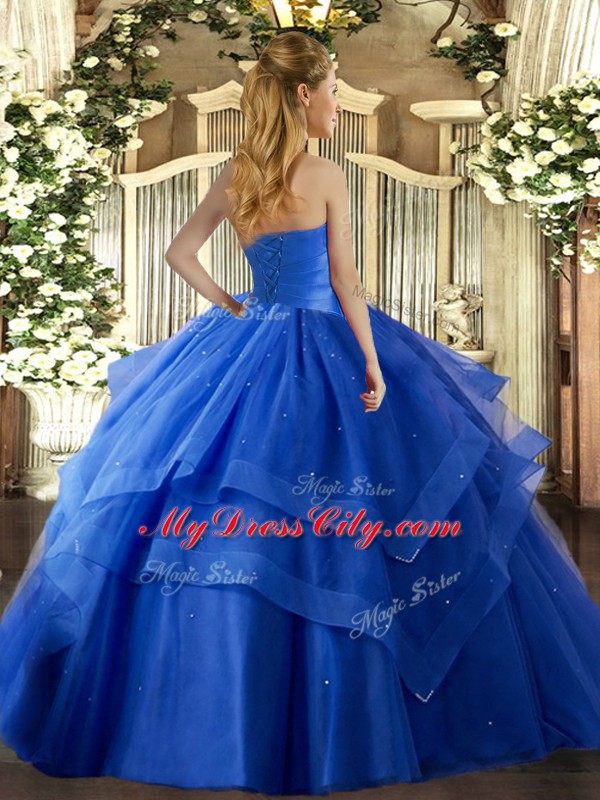 Most Popular Baby Blue Sleeveless Tulle Lace Up Ball Gown Prom Dress for Military Ball and Sweet 16 and Quinceanera