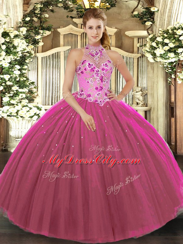 High Quality Fuchsia Lace Up Quince Ball Gowns Embroidery Sleeveless Floor Length