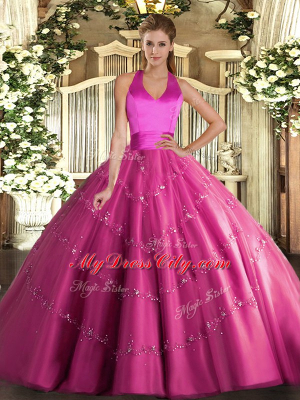 Fantastic Hot Pink Sleeveless Tulle Lace Up 15th Birthday Dress for Military Ball and Sweet 16 and Quinceanera