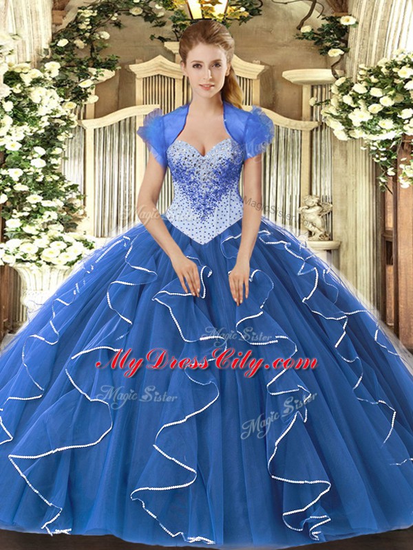 Most Popular Blue Ball Gowns Tulle Sweetheart Cap Sleeves Beading Floor Length Lace Up 15 Quinceanera Dress