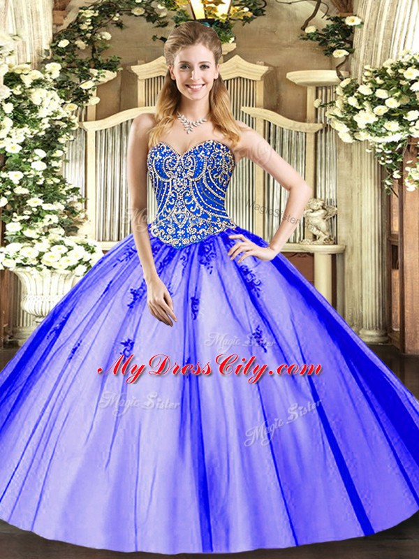 Cute Sleeveless Tulle Floor Length Lace Up Quinceanera Dress in Lavender with Beading and Appliques