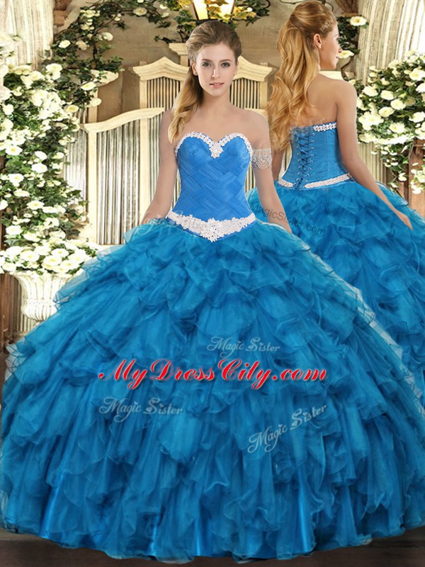 High Quality Blue Sweetheart Neckline Appliques and Ruffles Vestidos de Quinceanera Sleeveless Lace Up