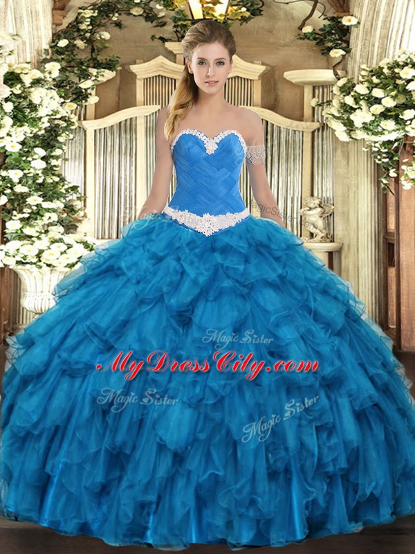 High Quality Blue Sweetheart Neckline Appliques and Ruffles Vestidos de Quinceanera Sleeveless Lace Up