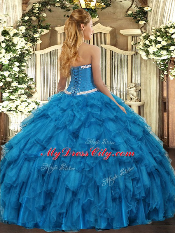 High Quality Blue Sweetheart Neckline Appliques and Ruffles Vestidos de Quinceanera Sleeveless Lace Up