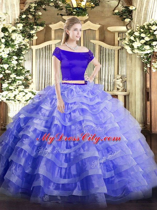 Customized Blue Short Sleeves Tulle Zipper 15 Quinceanera Dress for Military Ball and Sweet 16 and Quinceanera