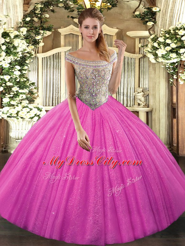 Hot Pink Lace Up Quinceanera Gowns Beading Sleeveless