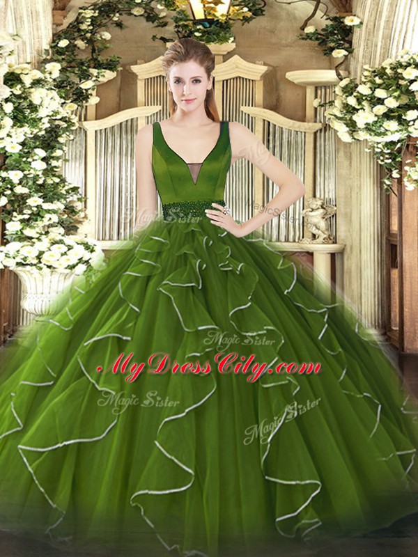 Dynamic Sleeveless Tulle Floor Length Lace Up Quinceanera Gown in Olive Green with Beading and Ruffles