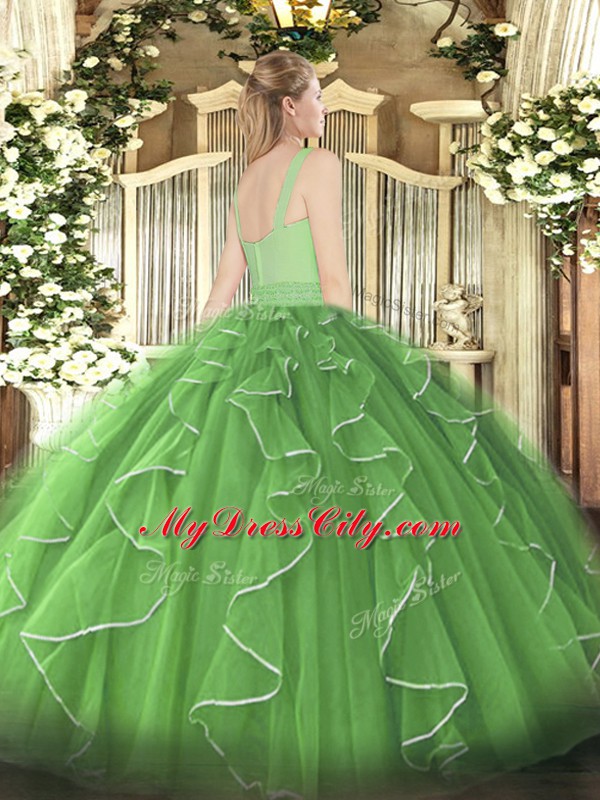 Dynamic Sleeveless Tulle Floor Length Lace Up Quinceanera Gown in Olive Green with Beading and Ruffles