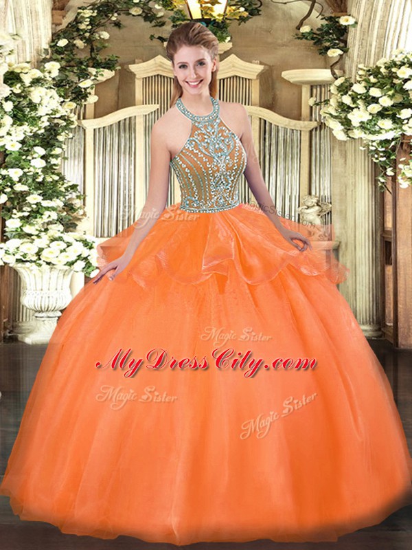 Inexpensive Halter Top Sleeveless Tulle Quince Ball Gowns Beading and Ruffles Lace Up