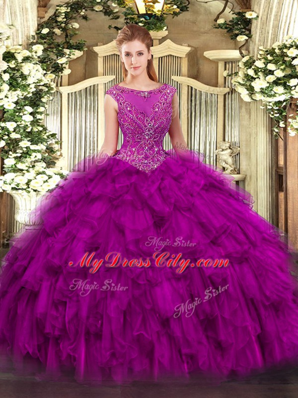 Custom Design Sleeveless Floor Length Beading and Ruffles Zipper Quinceanera Dresses with Fuchsia