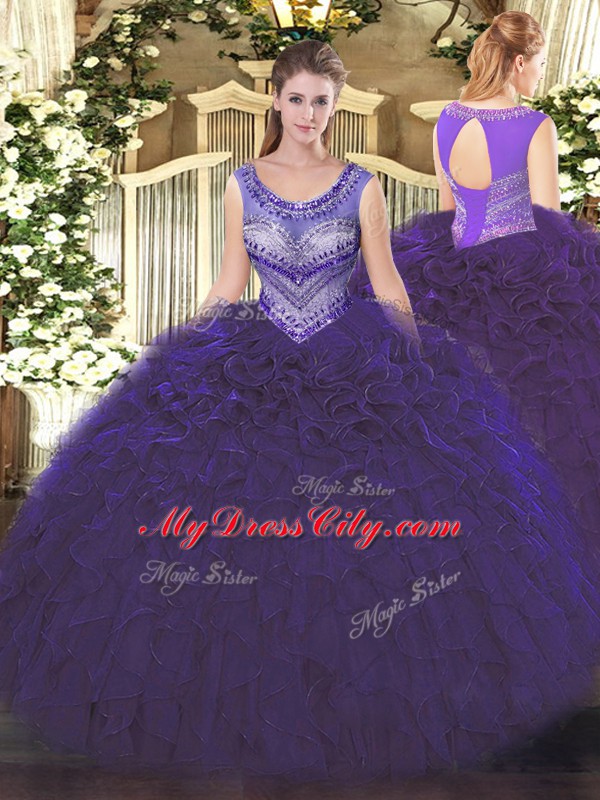 Artistic Purple Lace Up 15th Birthday Dress Beading and Ruffles Sleeveless Floor Length