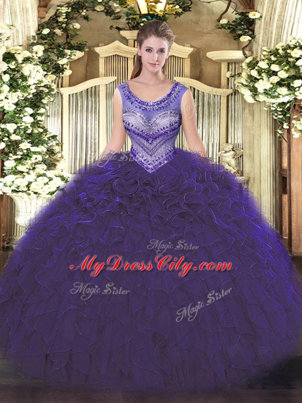 Artistic Purple Lace Up 15th Birthday Dress Beading and Ruffles Sleeveless Floor Length