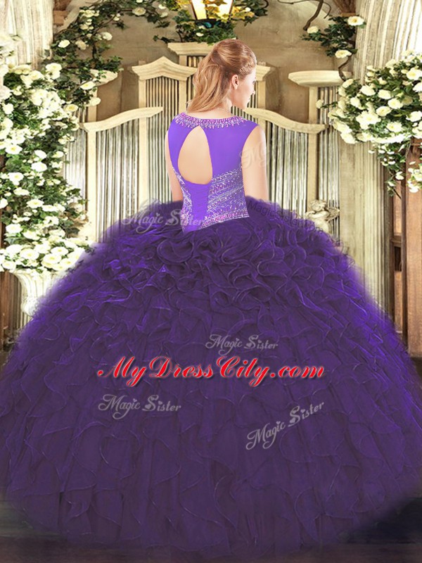 Artistic Purple Lace Up 15th Birthday Dress Beading and Ruffles Sleeveless Floor Length