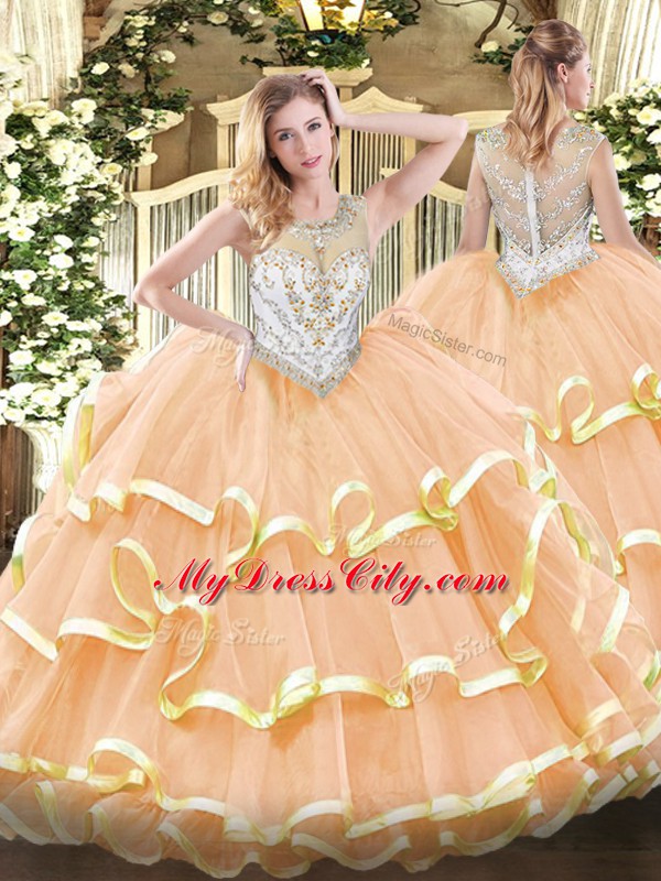 Peach Sleeveless Organza Zipper 15th Birthday Dress for Military Ball and Sweet 16 and Quinceanera