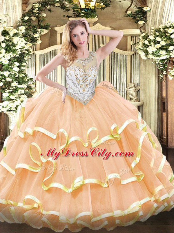 Peach Sleeveless Organza Zipper 15th Birthday Dress for Military Ball and Sweet 16 and Quinceanera