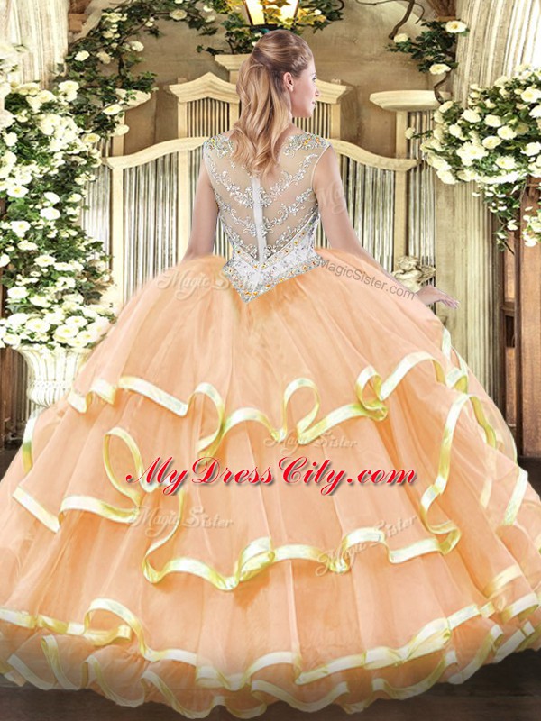 Peach Sleeveless Organza Zipper 15th Birthday Dress for Military Ball and Sweet 16 and Quinceanera