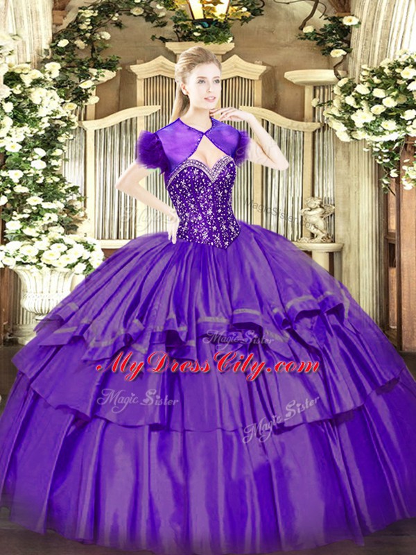 Purple Sleeveless Beading and Ruffled Layers Floor Length Ball Gown Prom Dress