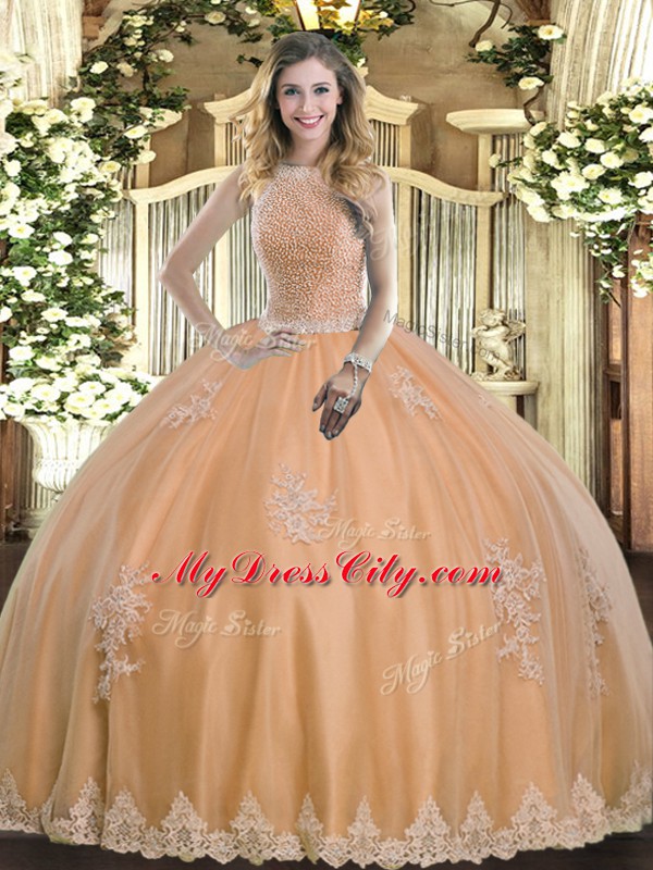 Luxury High-neck Sleeveless 15th Birthday Dress Floor Length Beading and Appliques Peach Tulle