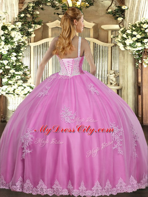 Luxury High-neck Sleeveless 15th Birthday Dress Floor Length Beading and Appliques Peach Tulle