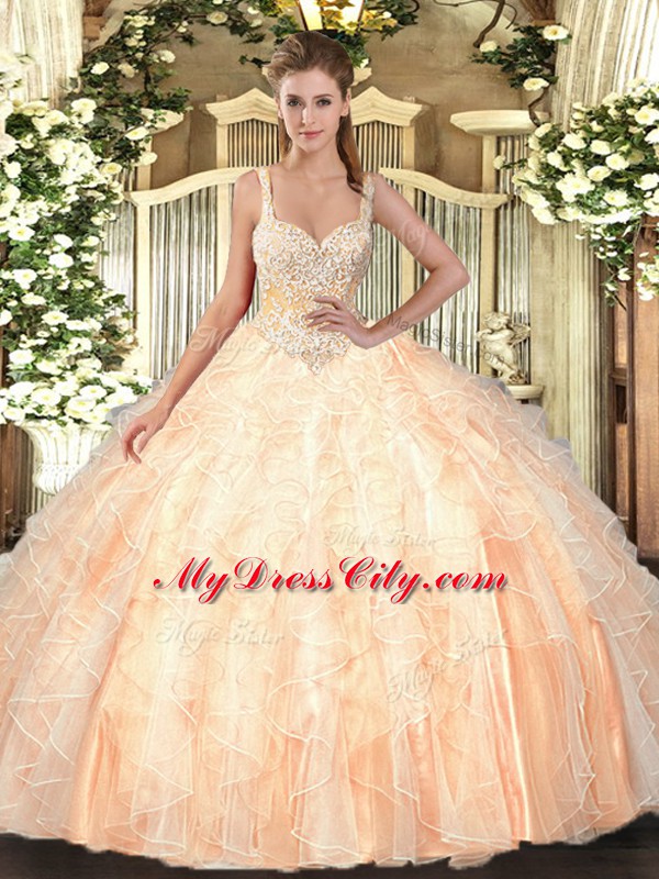 Captivating Sleeveless Beading and Ruffles Lace Up Quince Ball Gowns