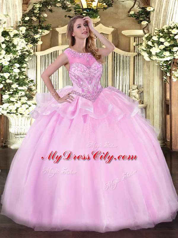 Sleeveless Floor Length Beading Zipper Sweet 16 Dresses with Pink