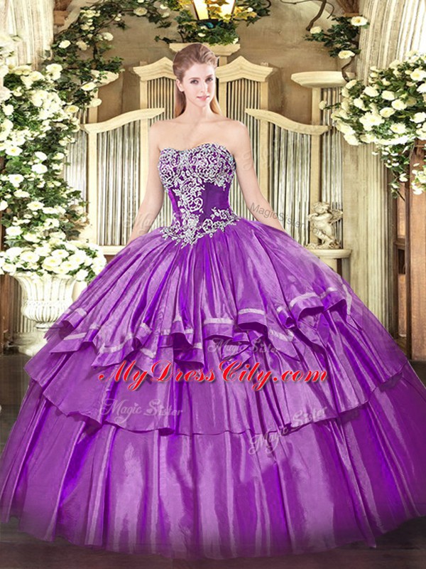 Hot Sale Strapless Sleeveless Organza and Taffeta Quince Ball Gowns Beading and Ruffled Layers Lace Up