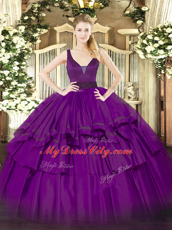 Dazzling Straps Sleeveless Quinceanera Dress Floor Length Beading and Ruffled Layers Purple Organza