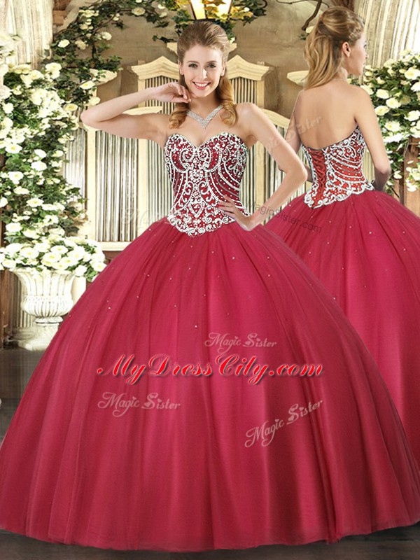 Red Lace Up Sweetheart Beading Vestidos de Quinceanera Tulle Sleeveless