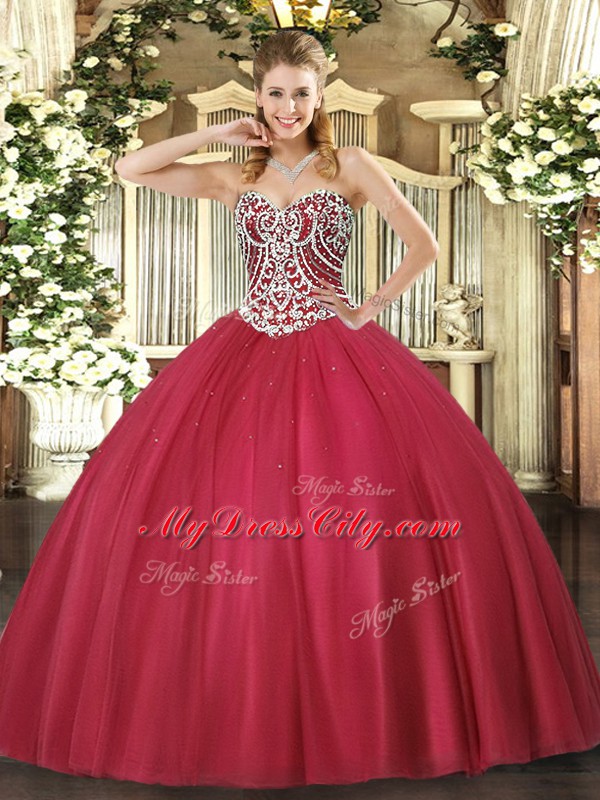 Red Lace Up Sweetheart Beading Vestidos de Quinceanera Tulle Sleeveless