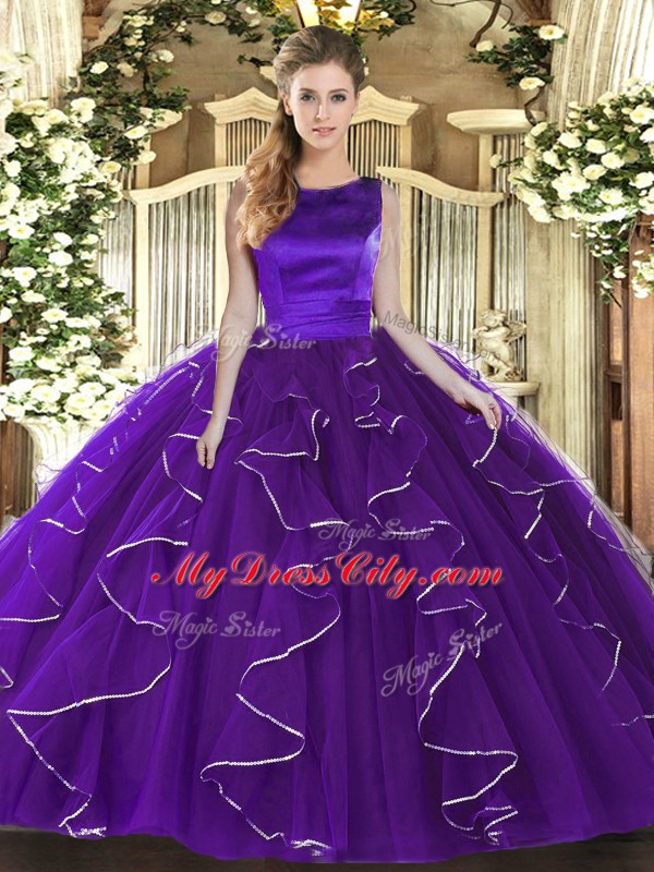 Ball Gowns Quince Ball Gowns Purple Scoop Tulle Sleeveless Floor Length Lace Up