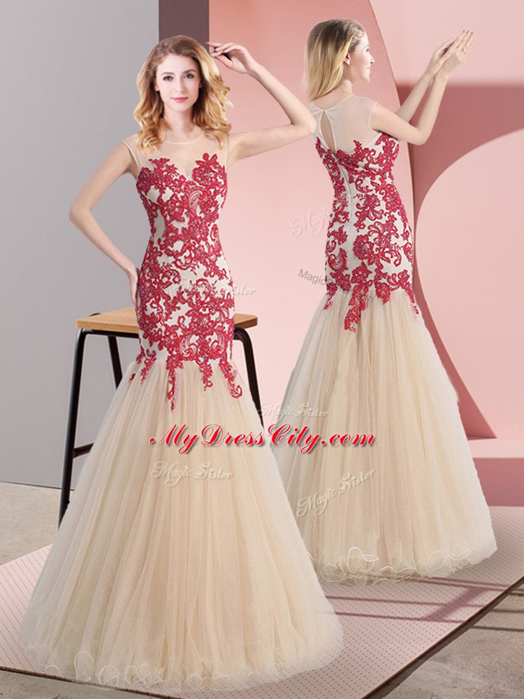 Floor Length Champagne Prom Evening Gown Tulle Sleeveless Appliques