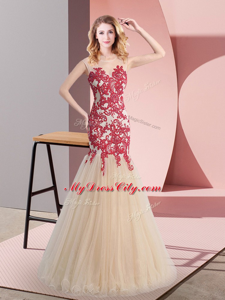 Floor Length Champagne Prom Evening Gown Tulle Sleeveless Appliques