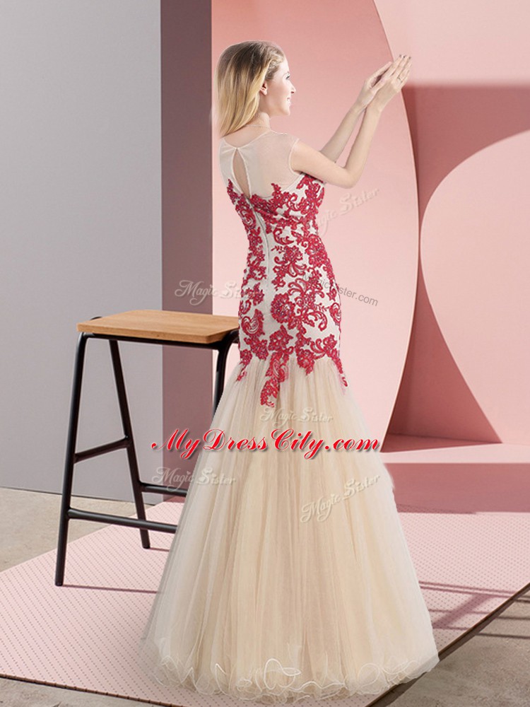 Floor Length Champagne Prom Evening Gown Tulle Sleeveless Appliques